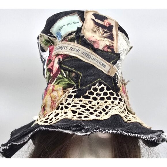 OOAK Magnolia Boho Stove Pipe Top Hat Indie Upcycled Cat Floppy Adjustable S - L - Picture 2 of 16